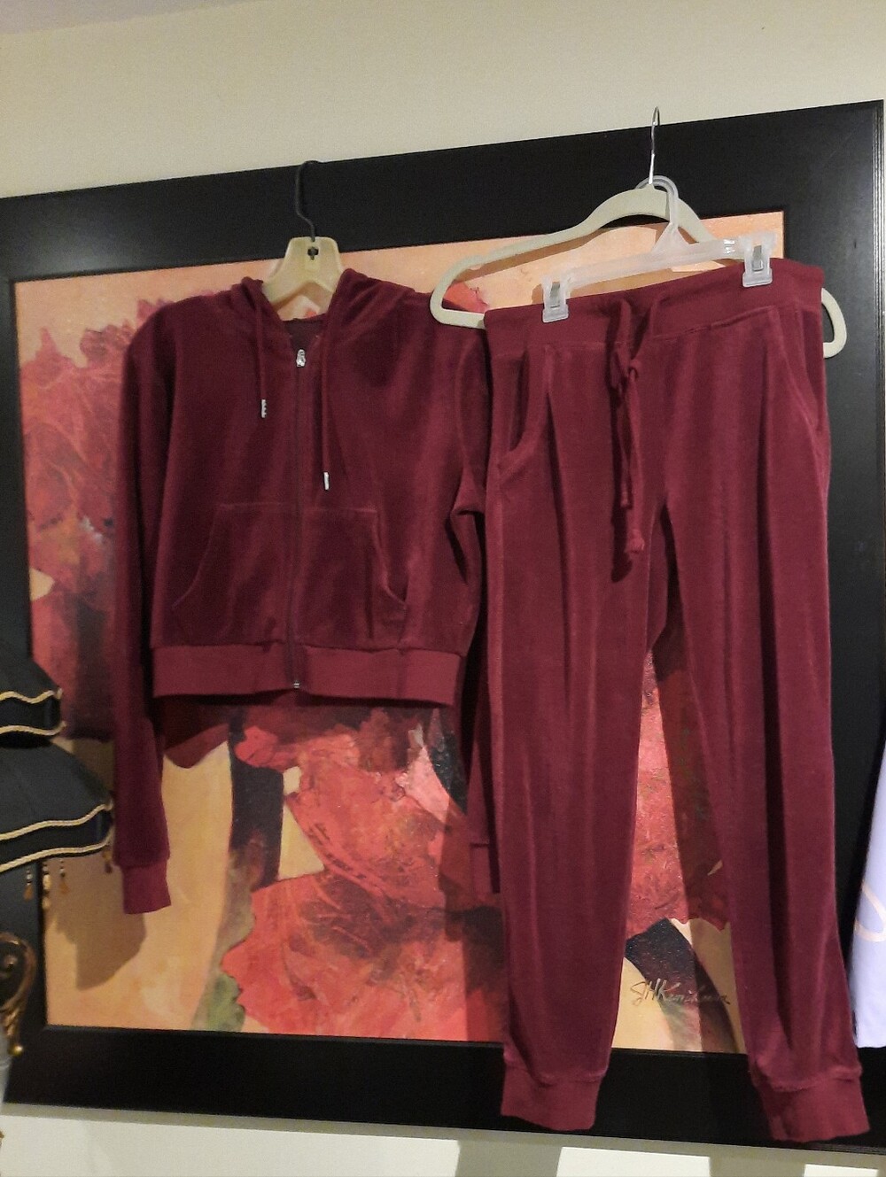 2 Piece Velour Track Suit Athleasure Burgandy Joggers Pants Hoodie Size Small